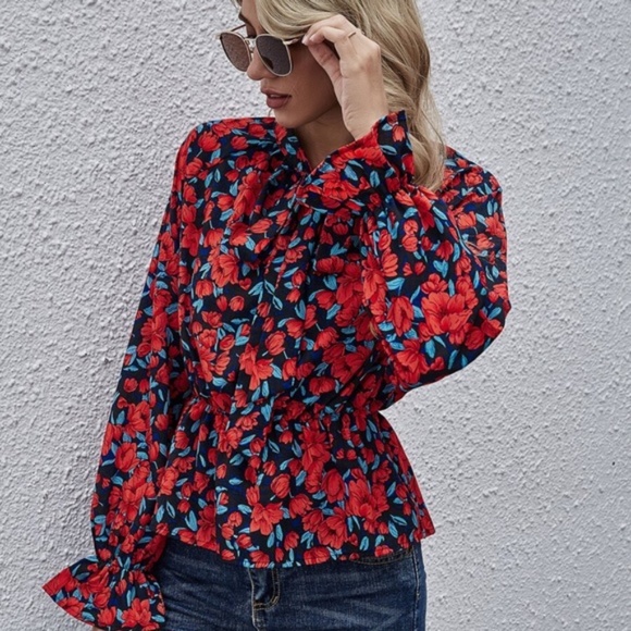 Boho Red Floral Lantern Sleeve Peplum Top Casual - Picture 4 of 4
